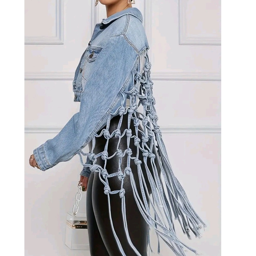 Womens Light Wash Macrame Knotted Fringe Cropped Denim Jacket Blue Large